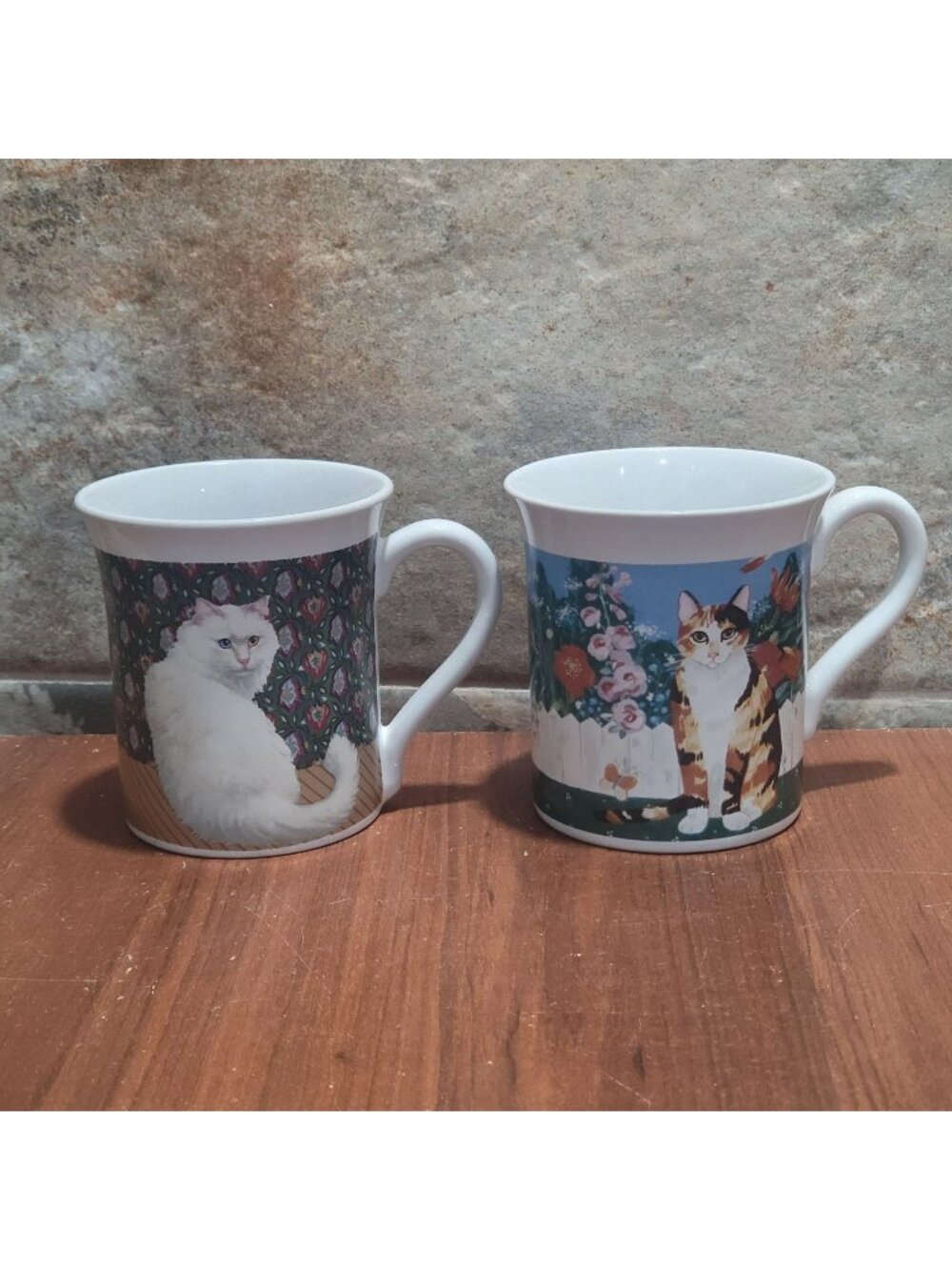 VTG Hallmark Cat Mugs Persian Heterochromia & Calico Garden Japan 1987 Lot of 2